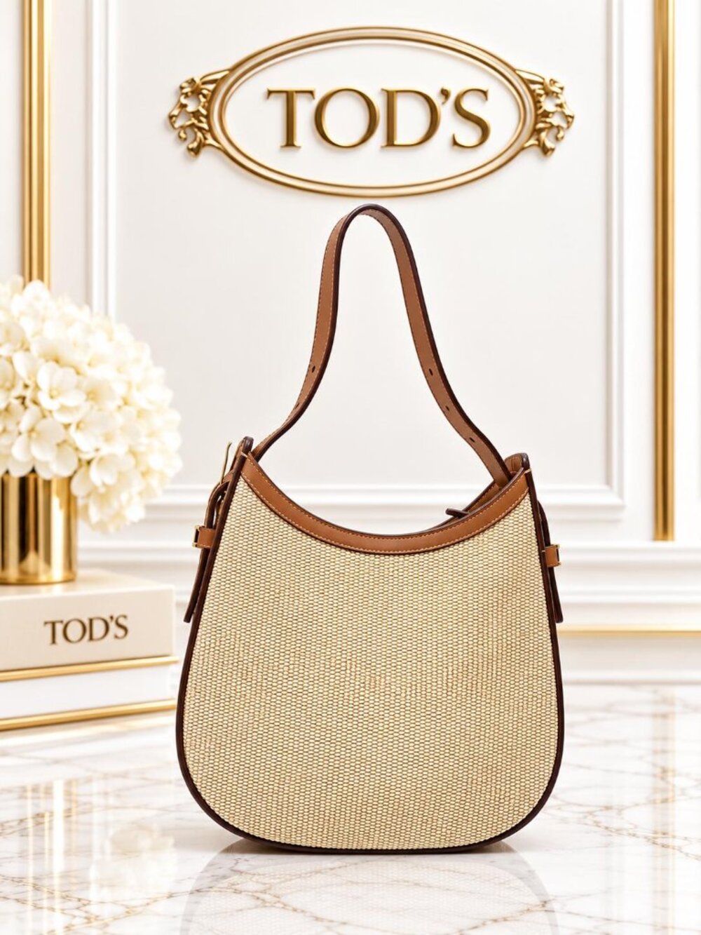 Authentic Tod's Beige Straw Leather Shoulder Bag Luxury Designer Hobo Purse